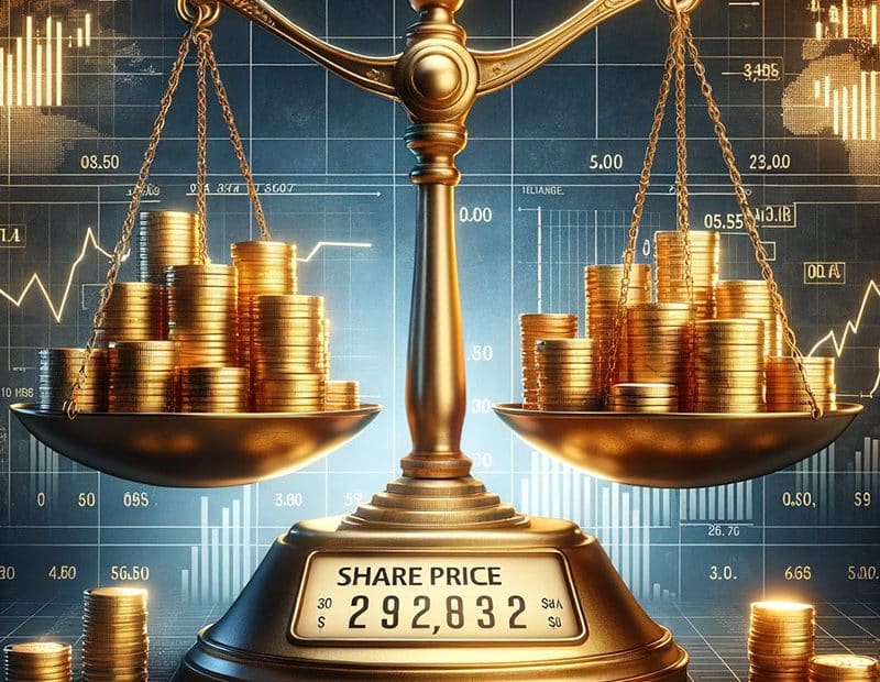 Here is an illustration representing the concept of Market Capitalization. This visual metaphor uses a golden weighing scale, with one side showing stacks of gold coins (each representing a share of a company) and the other side displaying a number to symbolize the total number of shares. The balanced scale indicates the market capitalization, a key concept in finance.